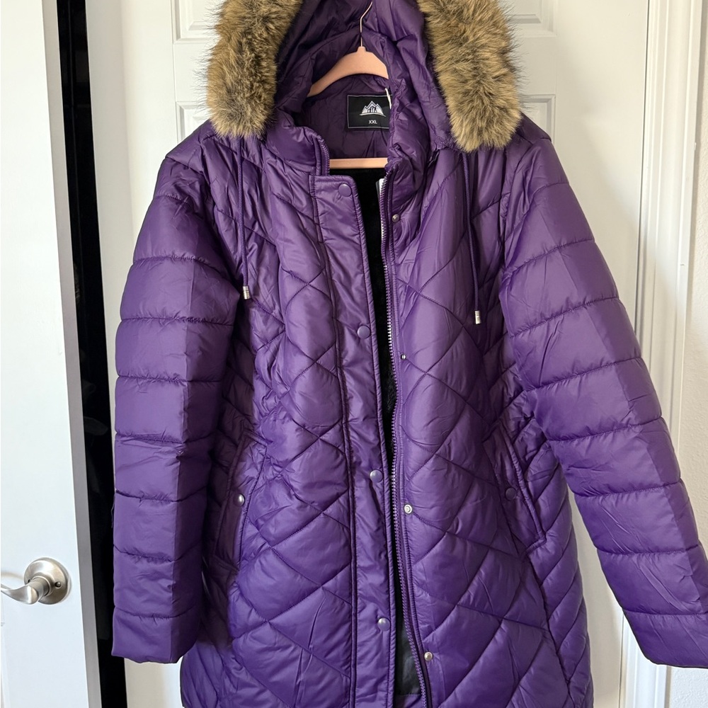 XXL Purple Quilted Women's Jacket with Removable Faux Fur Trim